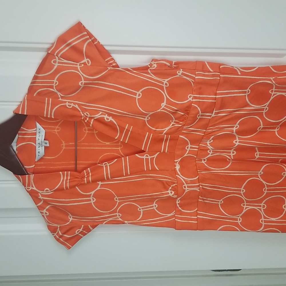 Trina Turk Orange Geometric Design 100% Silk Blouse Size 2